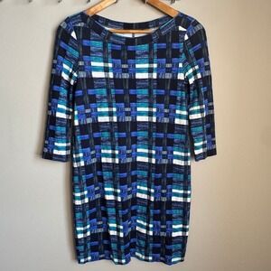 Weekend Max Mara Abstract Plaid 3/4 Sleeve T-Shirt Dress Blue White Wearable Art